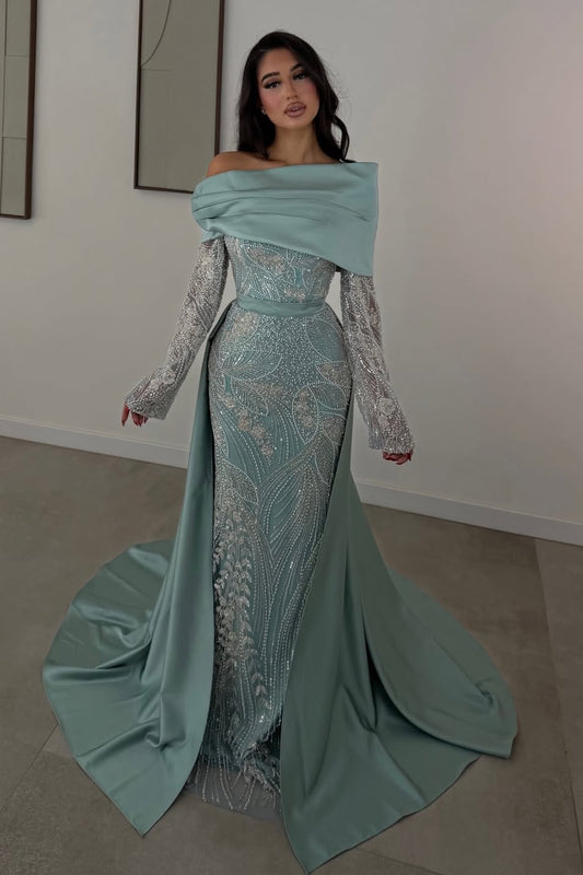 Off-the-Shoulder Long Sleeve Gown with Overskirt