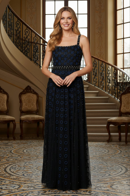 Square Neck Geometric Beaded Evening Gown