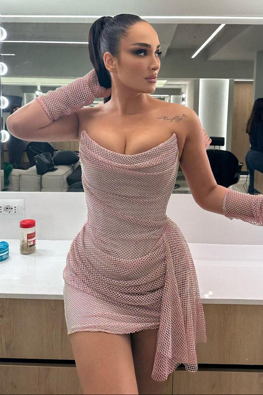 Strapless Rhinestone Mesh Mini Dress with Side Drape
