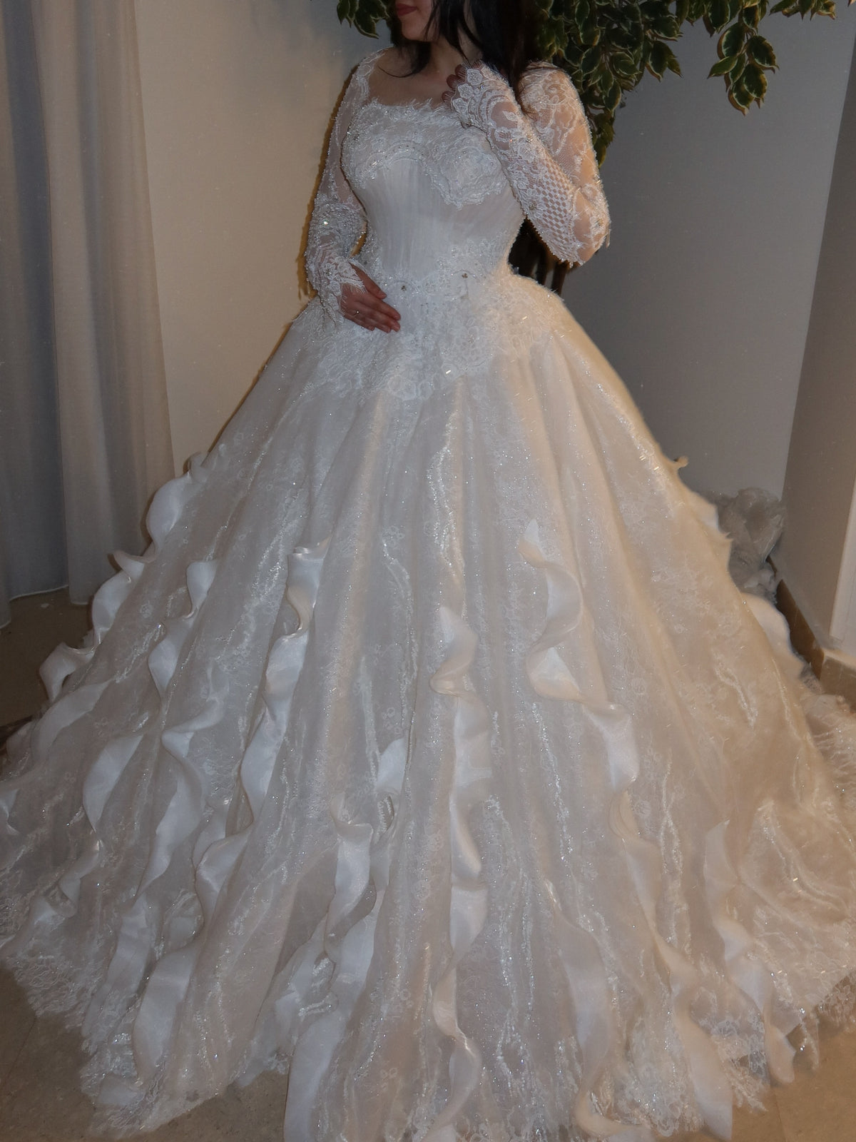 Glitter Ball Gown Wedding Dress with Cascading Ruffles