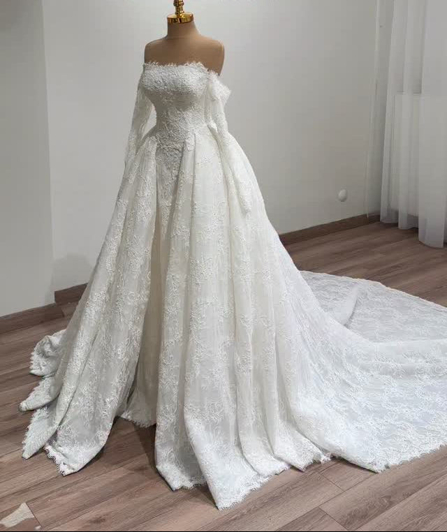 Lace Off-Shoulder Wedding Dress with Overskirt