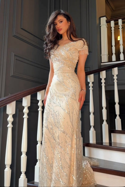 Sequined Off-the-Shoulder Evening Gown with Fringe