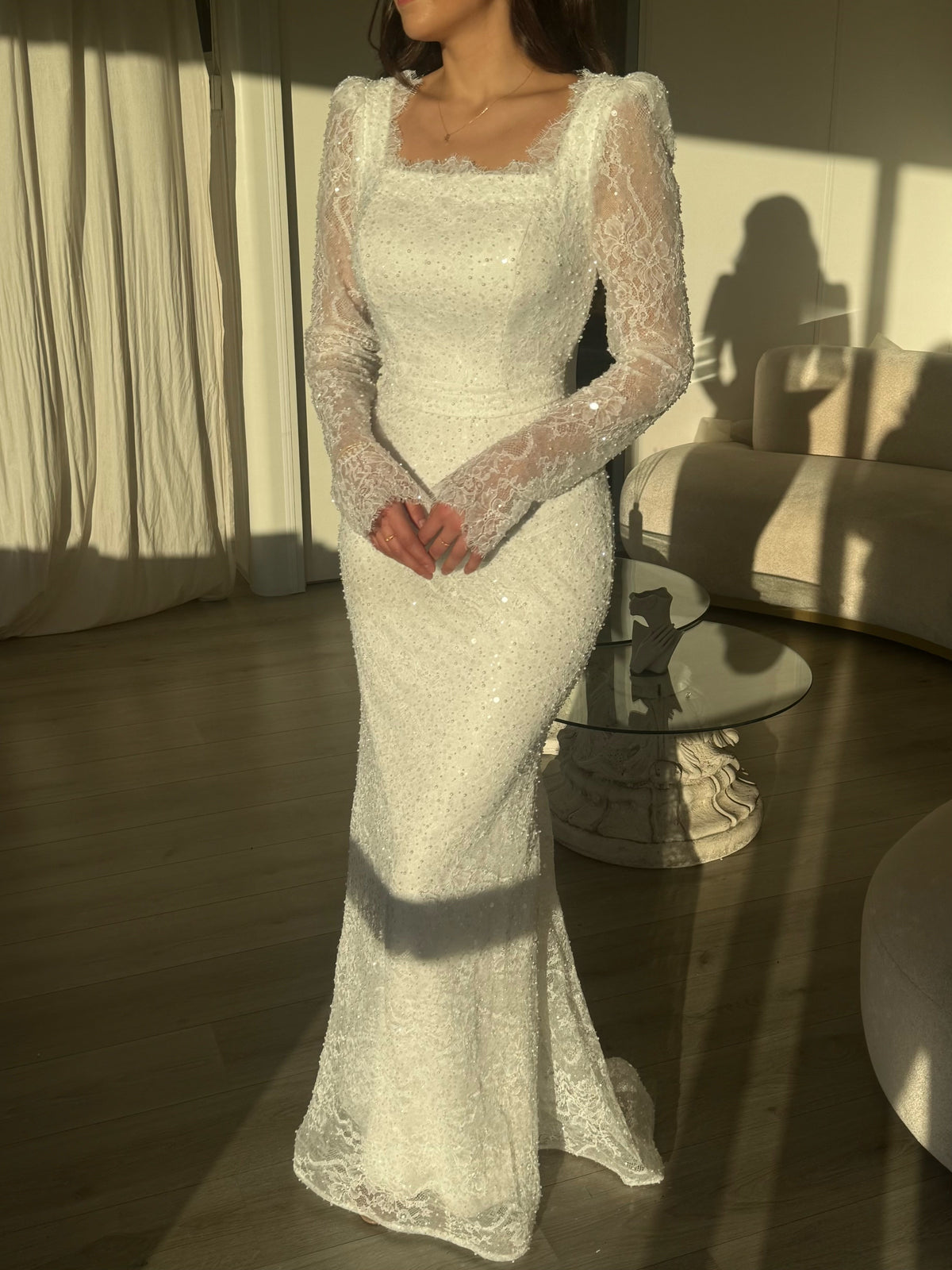 Beaded Lace Square Neck Long Sleeve Wedding Dress
