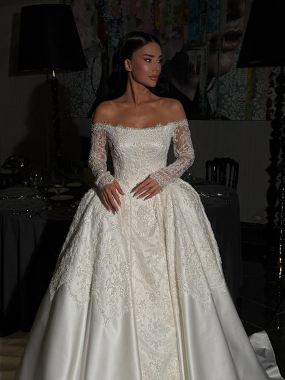 Beaded Lace Ball Gown Wedding Dress with Sleeves