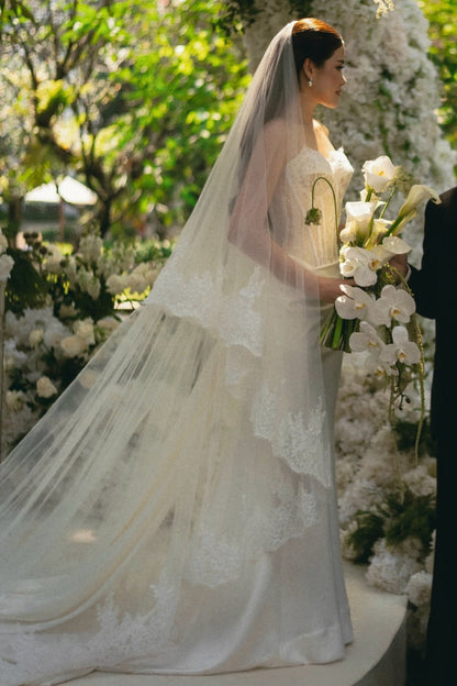 Strapless Lace Applique Wedding Gown with Cathedral Veil