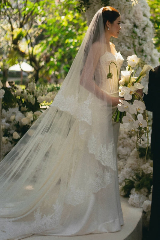 Strapless Lace Applique Wedding Gown with Cathedral Veil