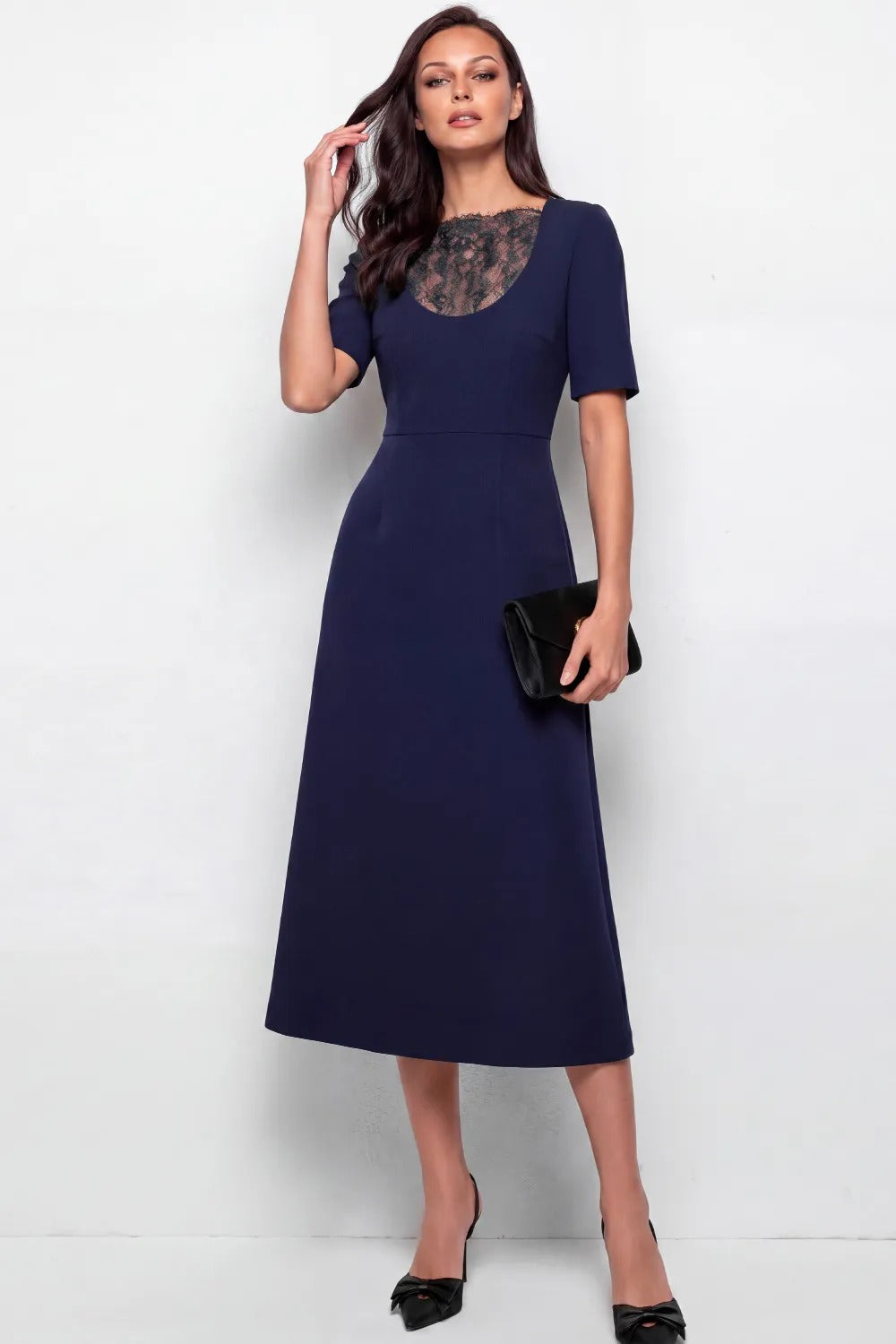 Lace Inset Scoop Neck Midi A-Line Dress