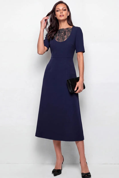 Lace Inset Scoop Neck Midi A-Line Dress