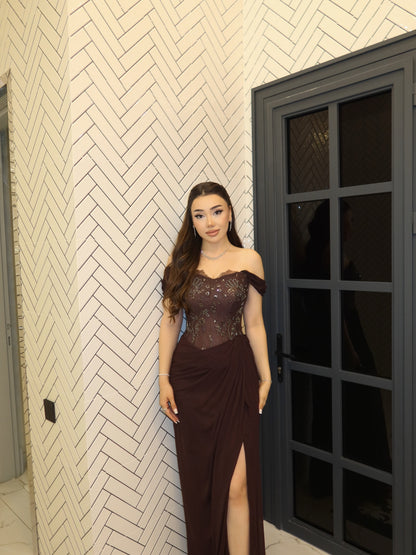 Beaded Corset Evening Gown with Slit