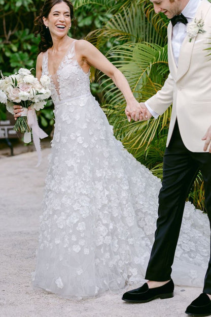 3D Floral Applique V-Neck A-Line Wedding Dress