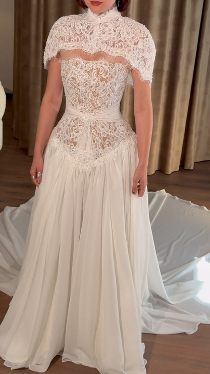 Lace Cape Wedding Dress with Pleated Skirt