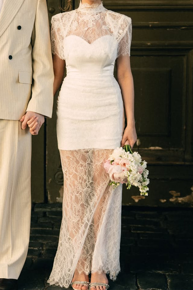 High-Neck Lace Sheath Wedding Dress with Sheer Skirt