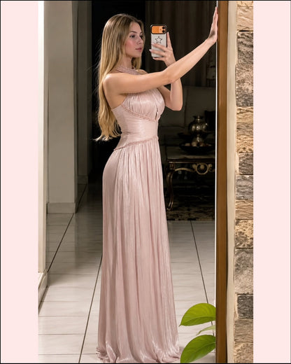 Pleated Halter Maxi Dress with Beaded Trim