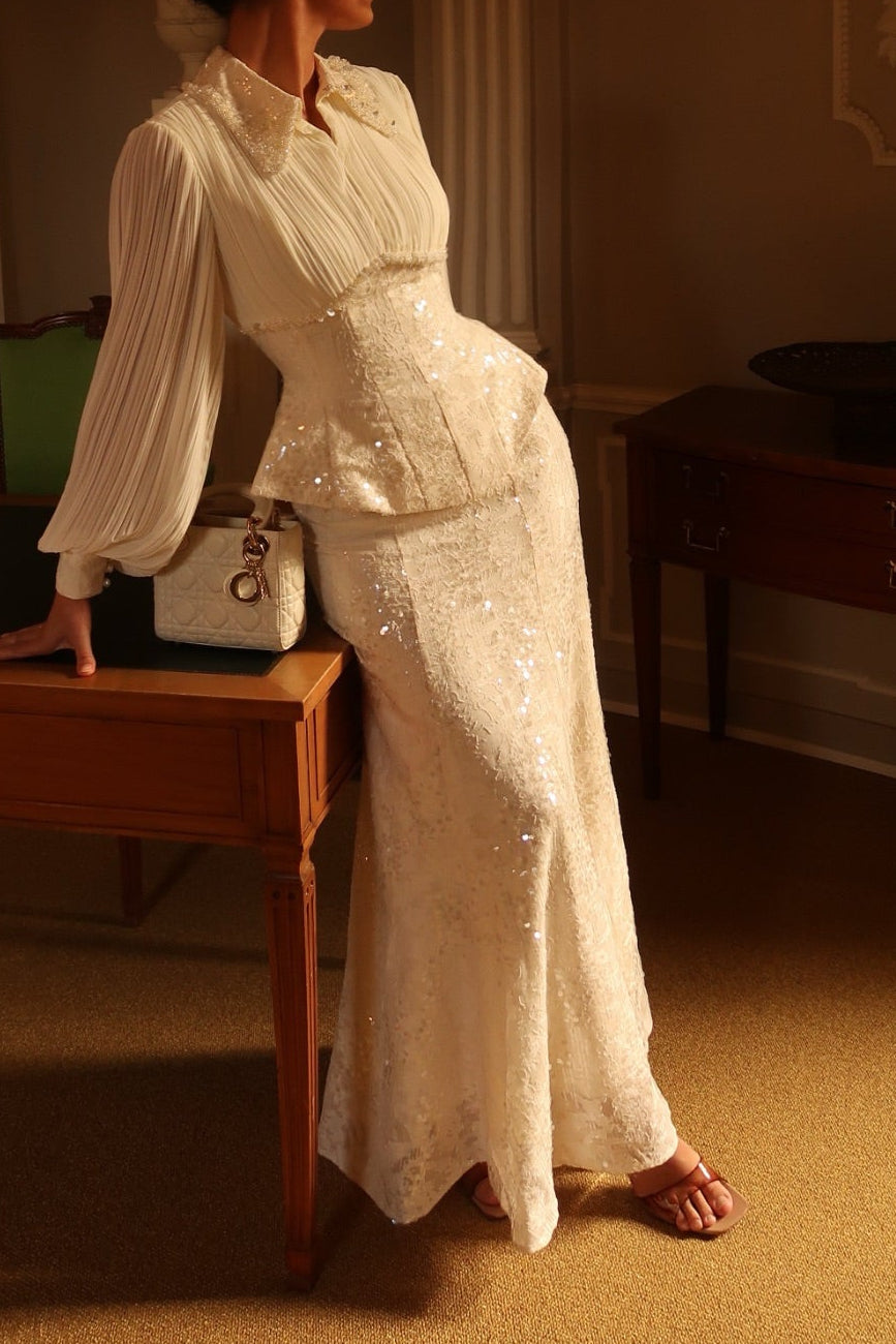 Pleated Blouse & Sequin Corset Evening Gown