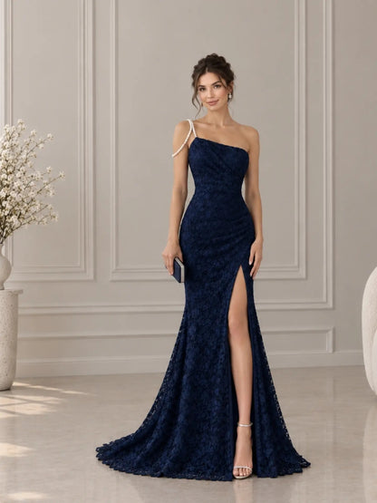 One-Shoulder Lace Gown with Pearl Strap & Slit