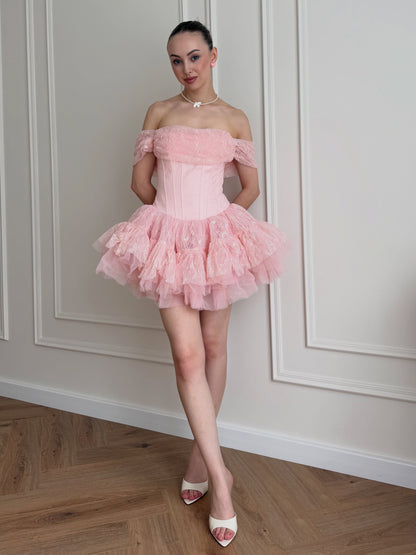 Off-the-Shoulder Corset Tiered Tulle Mini Dress