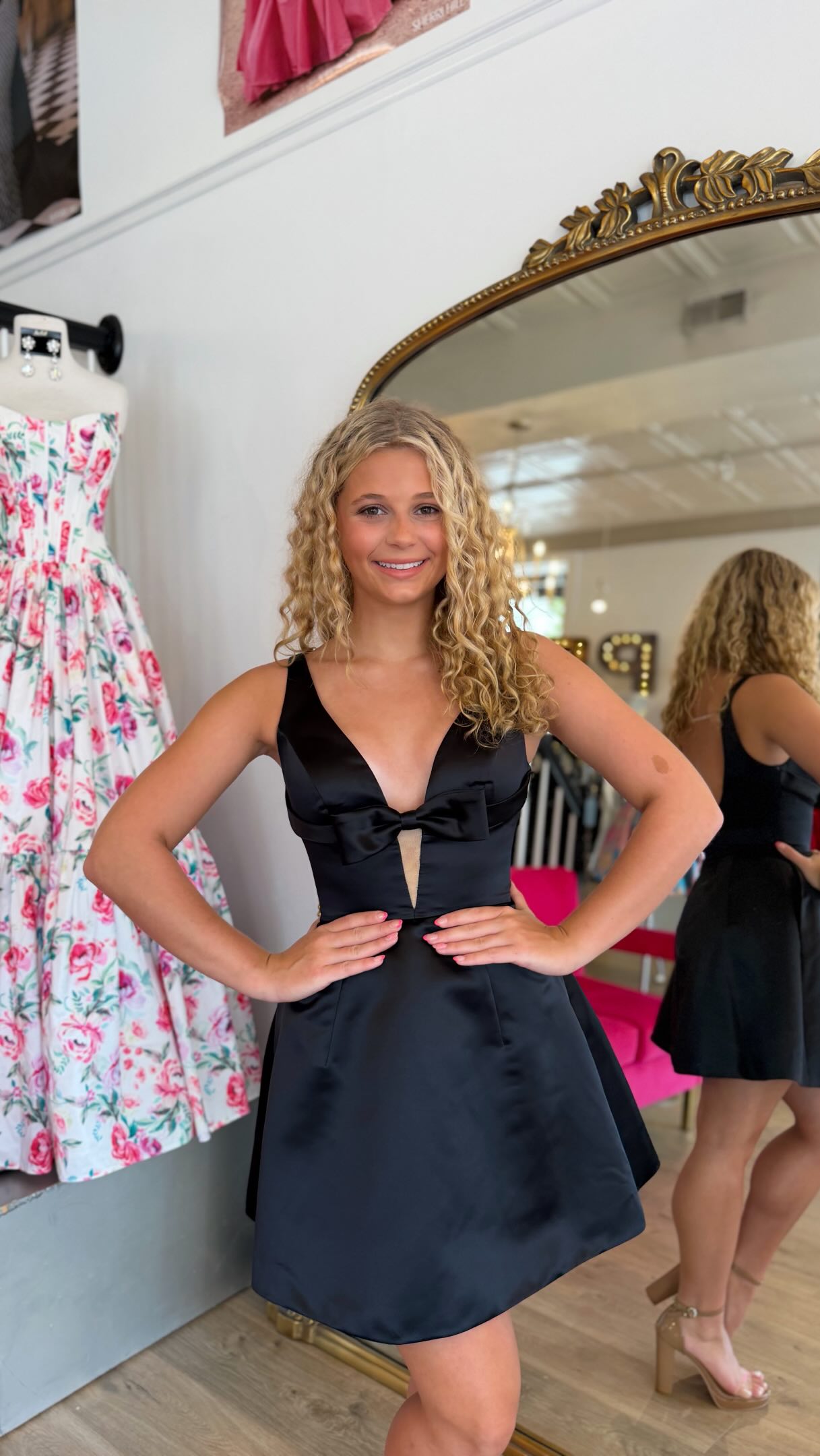 Deep V-Neck Bow Front Satin Fit and Flare Mini Dress