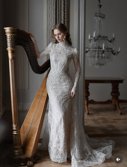 High Neck Lace Mermaid Wedding Dress with Overskirt