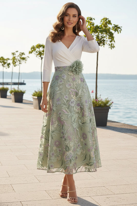 Two-Tone Floral Embroidered Tea-Length Mother of the Bride Dress with 3/4 Sleeves