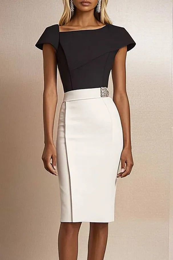 Asymmetrical Neckline Colorblock Midi Sheath Dress