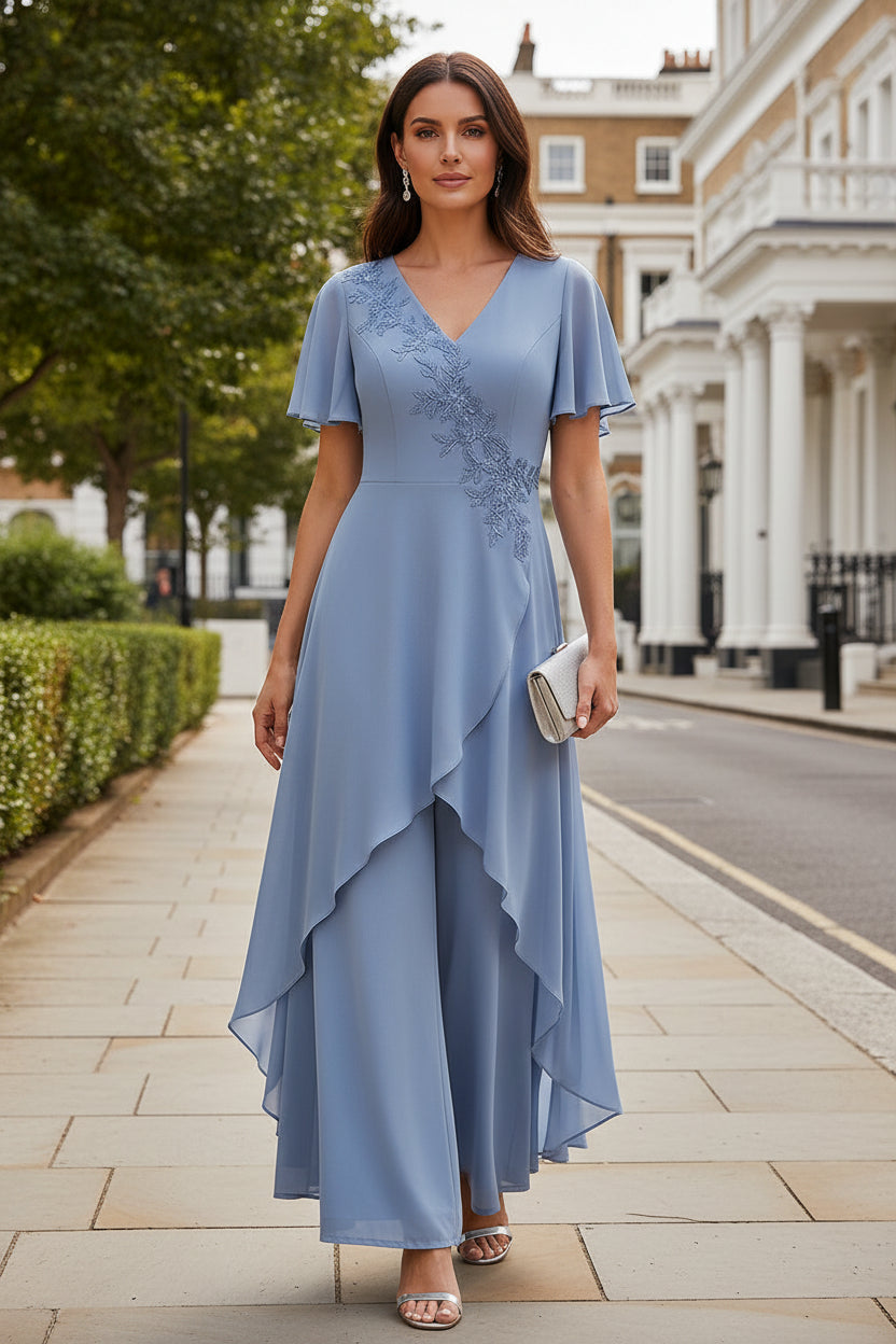 Chiffon Jumpsuit with Flutter Sleeves & Overskirt