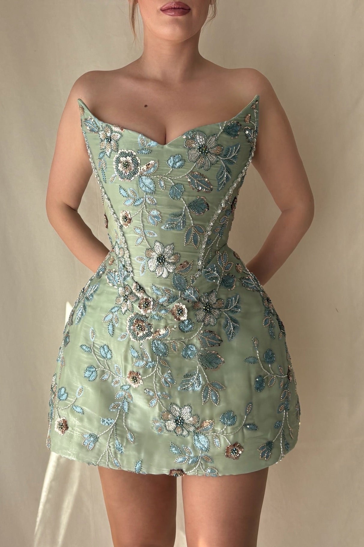 Beaded Corset Bubble Hem Mini Dress