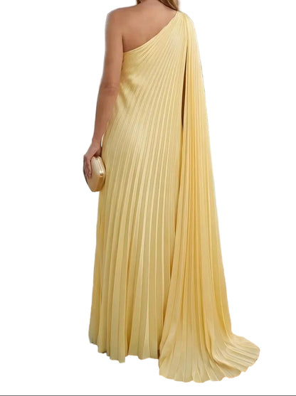 One-Shoulder Pleated Column Gown with Cape Drape