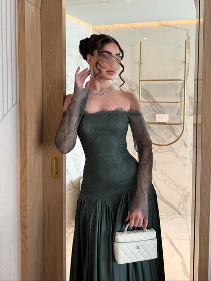 Off-Shoulder Lace Sleeve Satin Evening Gown