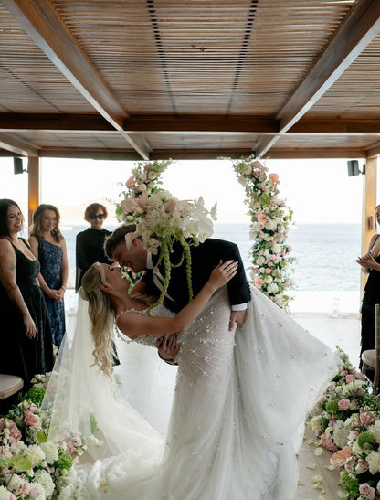 Pearl Beaded Tulle Wedding Dress with Chapel Train