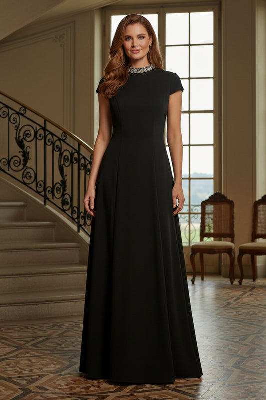 Crystal Collar Cap Sleeve Evening Gown