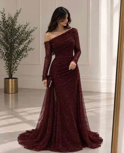 Sequined Asymmetrical Gown with Side Train