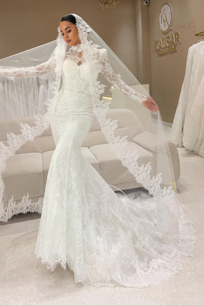 Lace High Neck Mermaid Wedding Dress with Overskirt