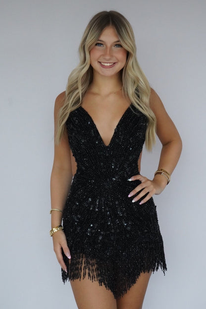 Beaded Fringe Sequin Mini Dress with Deep V Neckline