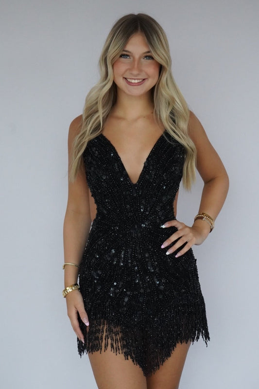 Beaded Fringe Sequin Mini Dress with Deep V Neckline