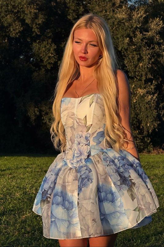 Strapless Floral Corset Mini Dress with Bubble Skirt