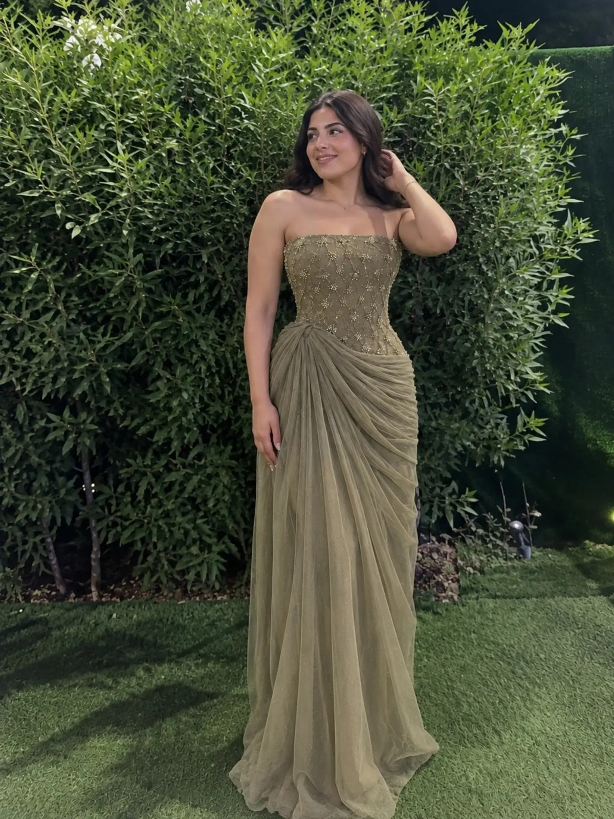 Strapless Beaded Corset Gown with Draped Skirt