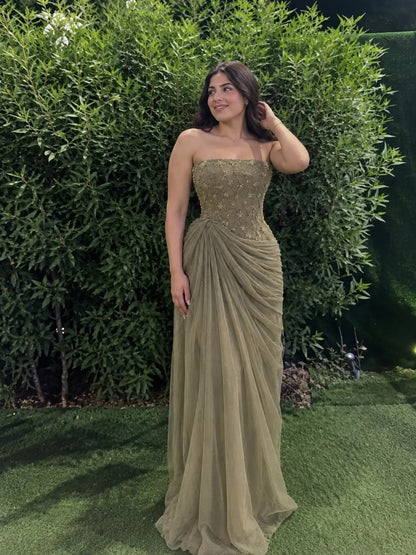Strapless Beaded Corset Gown with Draped Skirt