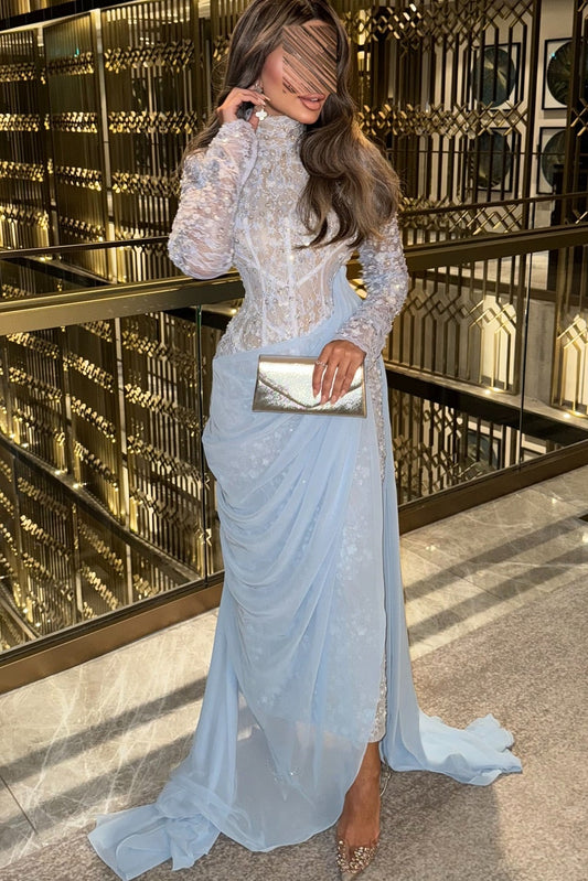 Illusion Long Sleeve Beaded Mermaid Evening Gown