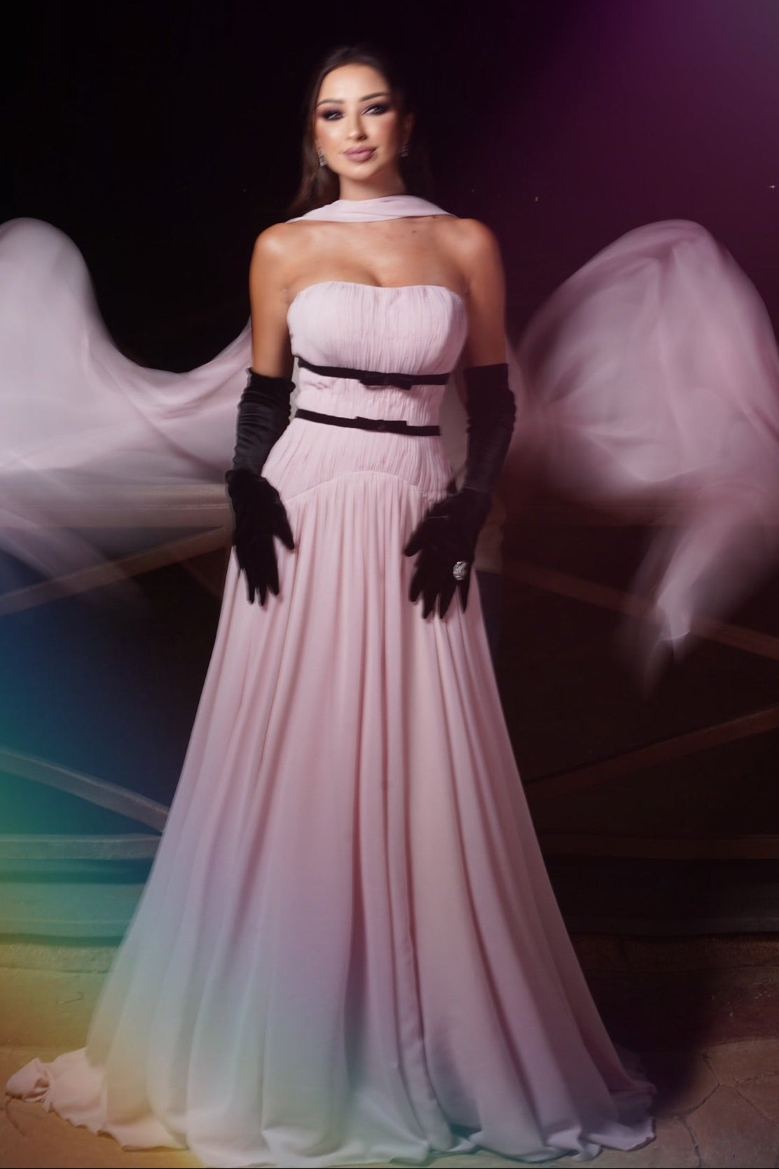 Strapless Pleated Gown with Bow Accent & Scarf