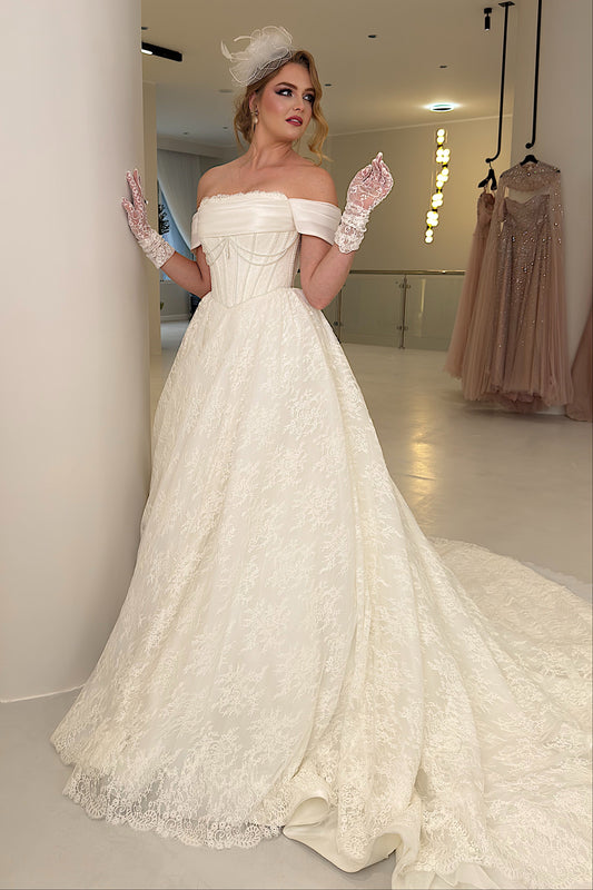 Off-the-Shoulder Lace Ball Gown Wedding Dress