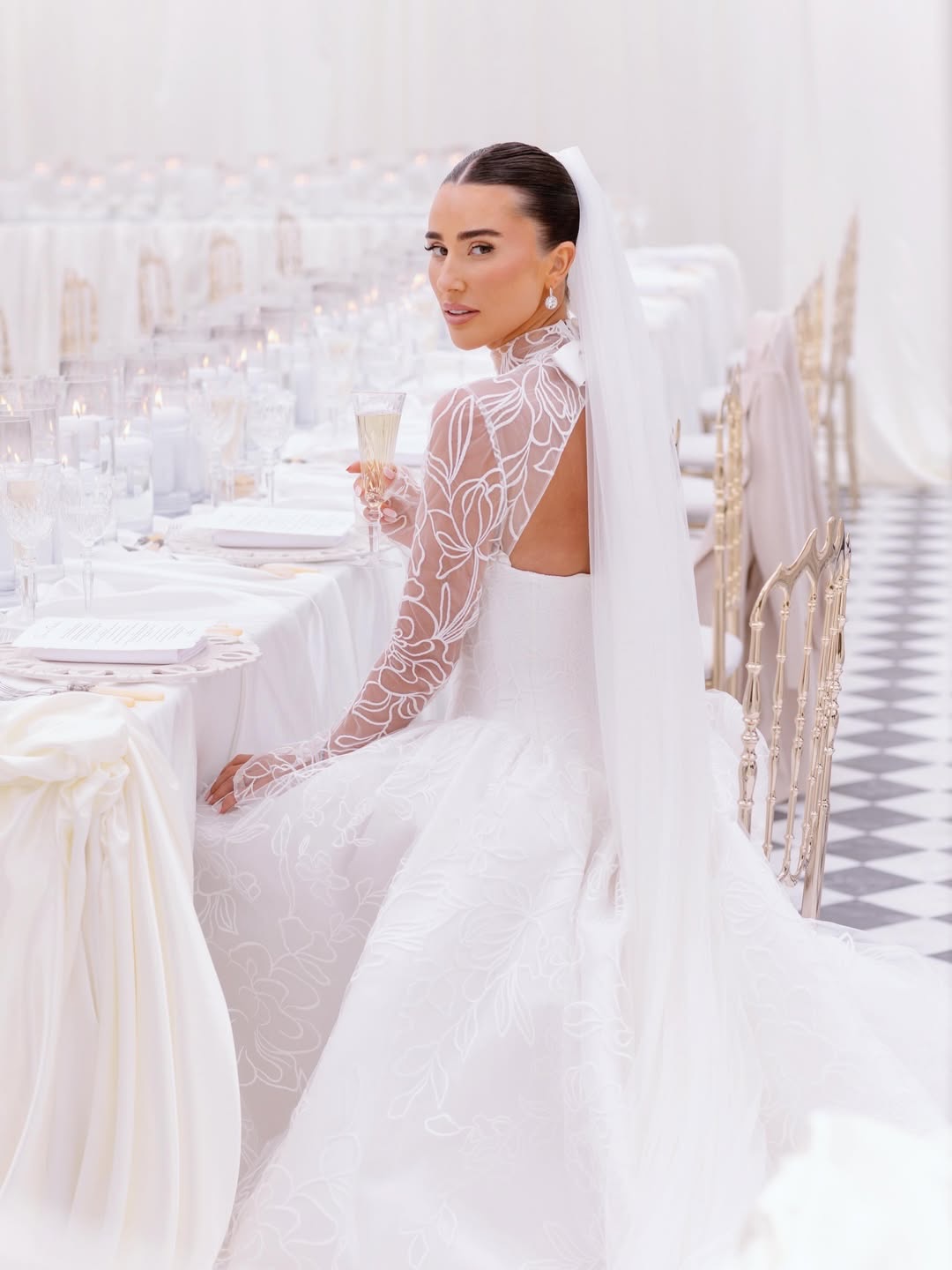 Embroidered High-Neck Ball Gown Wedding Dress with Pockets