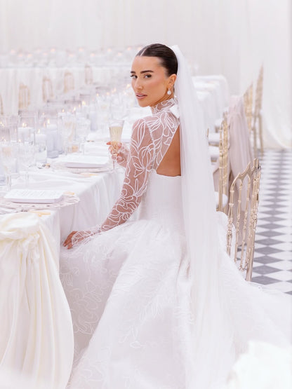 Embroidered High-Neck Ball Gown Wedding Dress with Pockets