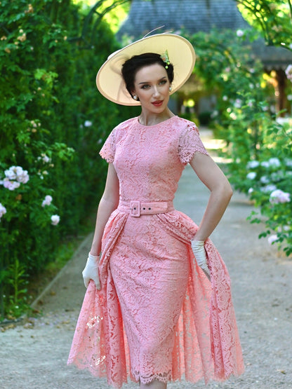 Belted Lace Midi Dress with Short Sleeves