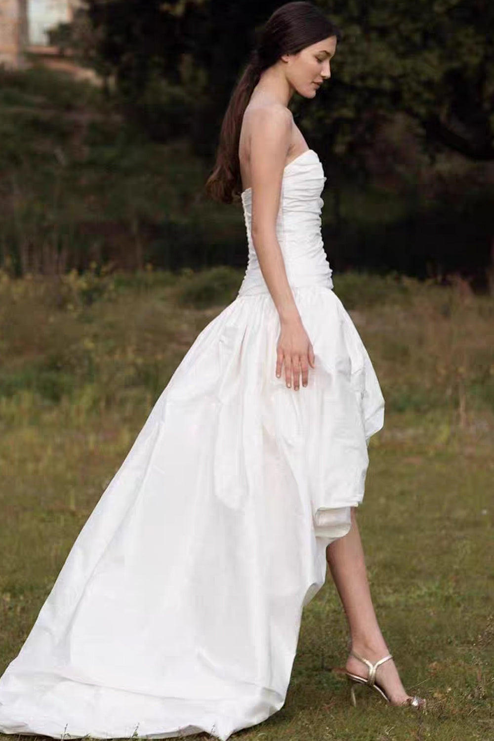 Strapless Ruched Taffeta High-Low Wedding Dress