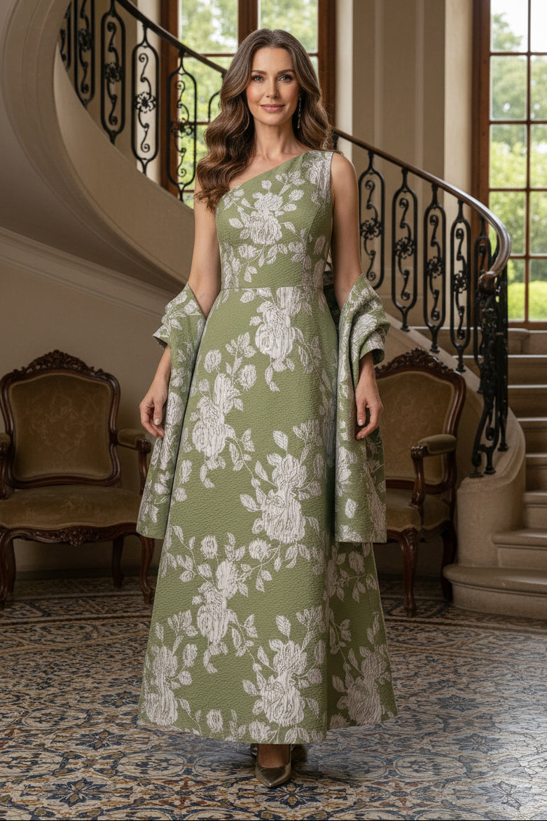 One-Shoulder Floral Jacquard Gown with Shawl