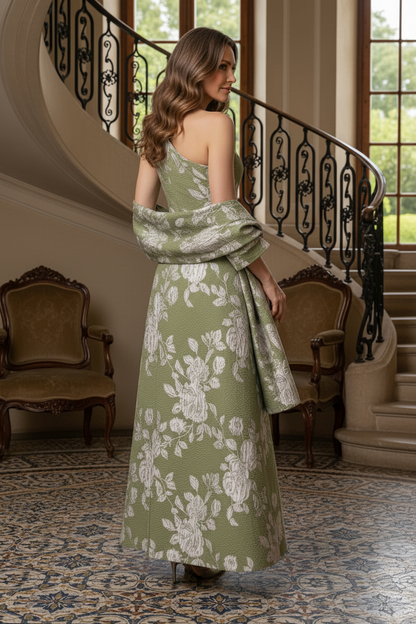 One-Shoulder Floral Jacquard Gown with Shawl