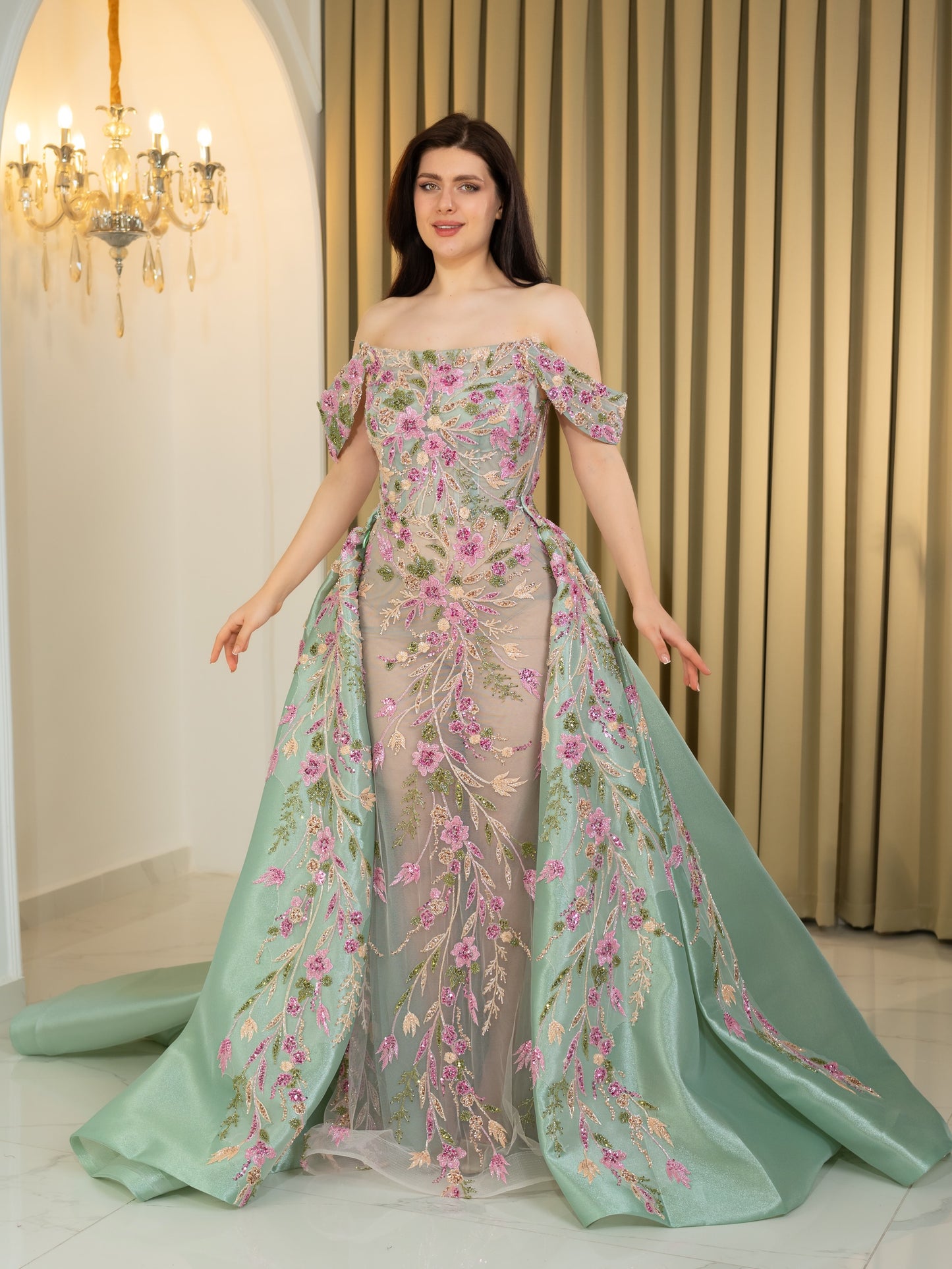 Floral Embroidered Gown with Detachable Overskirt