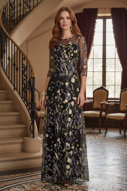 Floral Embroidered Illusion Mesh Maxi Evening Dress