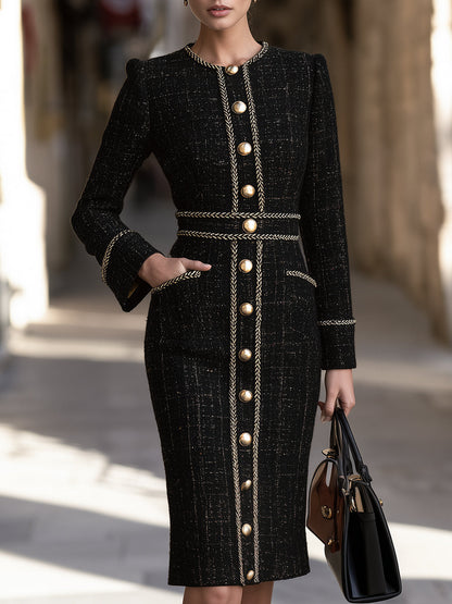 Tweed Midi Sheath Dress with Braid Trim