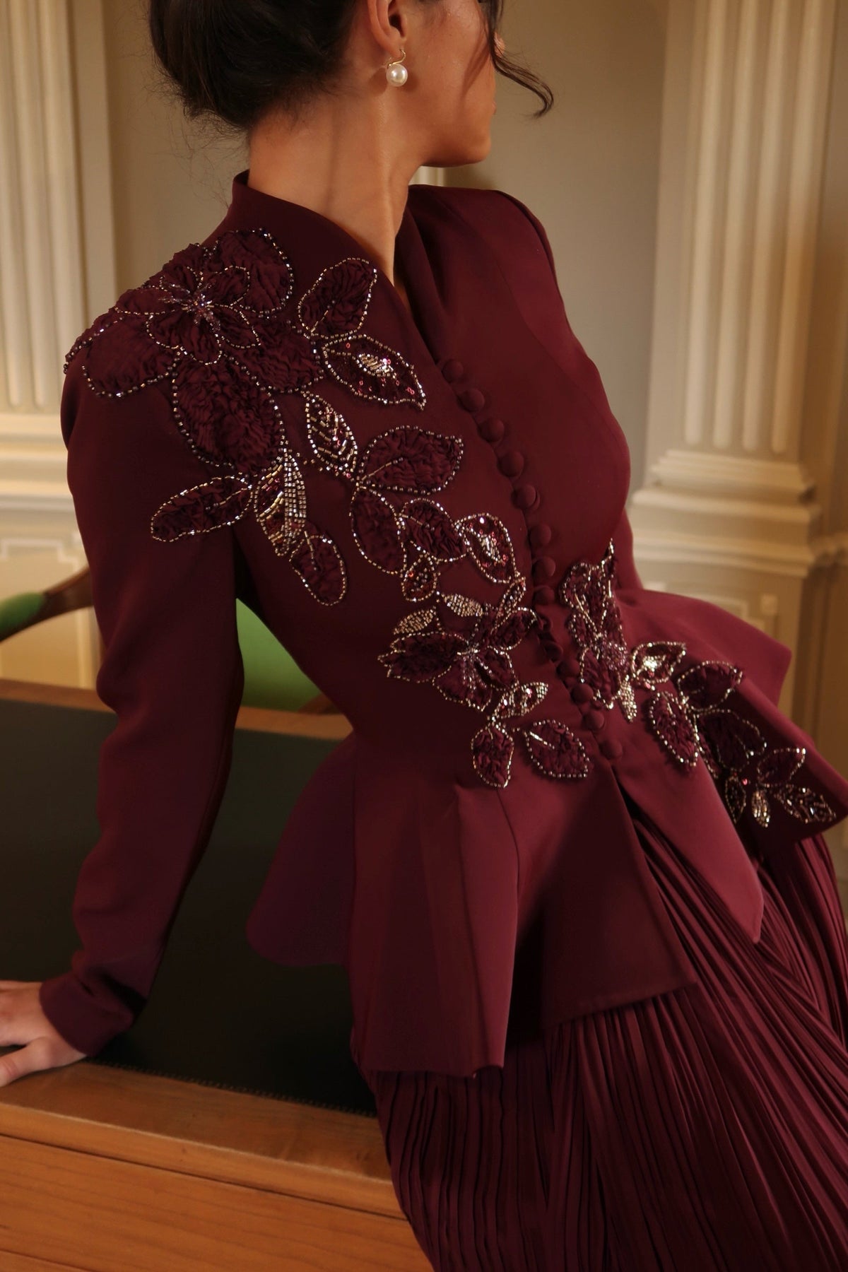Embroidered Peplum Evening Gown with Pleated Skirt